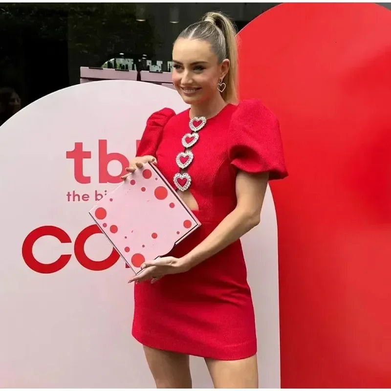 BWQ Bow Hollow Red Black Mini Dress Womens Sexy Puff Sleeve O-neck Party Dress Summer Elegant Shining Dress 241125