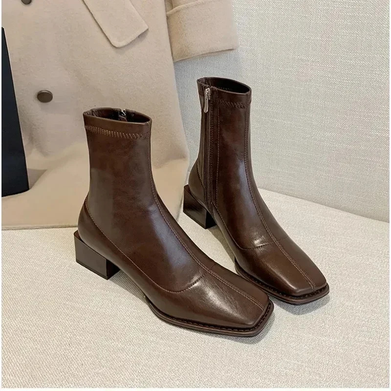Square Toe Ankle Women Boot High Quality Soft Leather Short Boot Zipper Low Heel Chelsea Shoes Zapatos Muje 241114