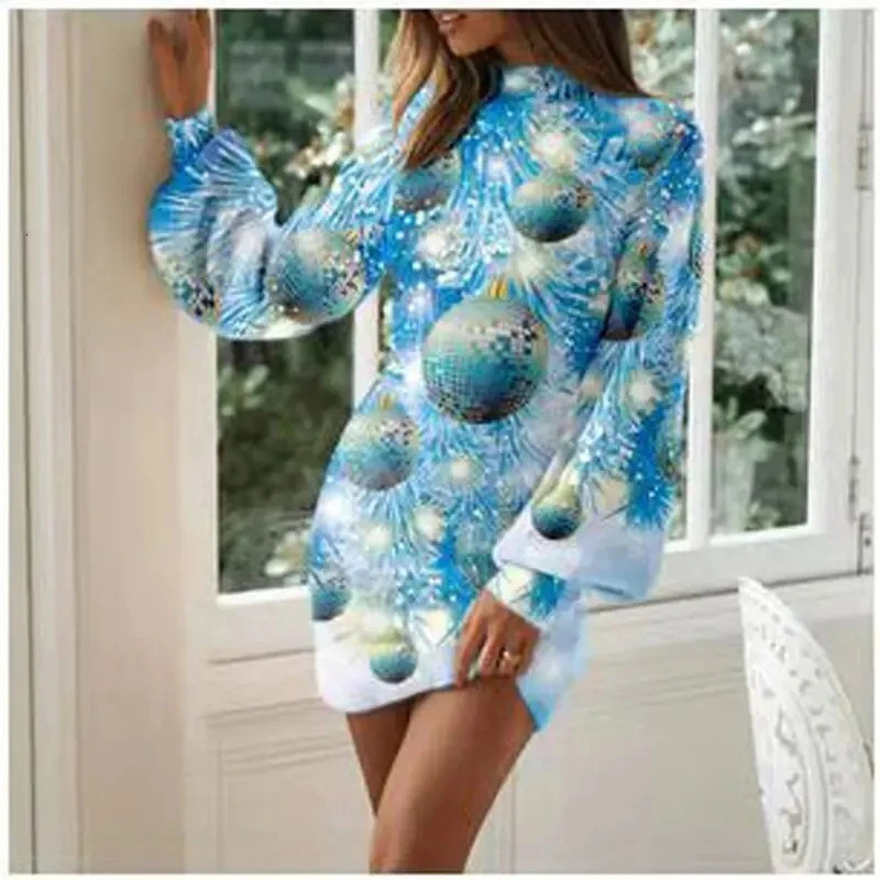 Vintage Christmas Printing Hoodies Dress For Women Fashion Elegant Half High Collar Lantern Long Sleeve Party Dresses Vestidos 241125