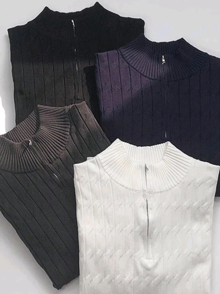 Twill jacquard knitted polo shirt mens long sleeved lapel zipper slim fit sweater mens casual solid color texture sweater top 241126