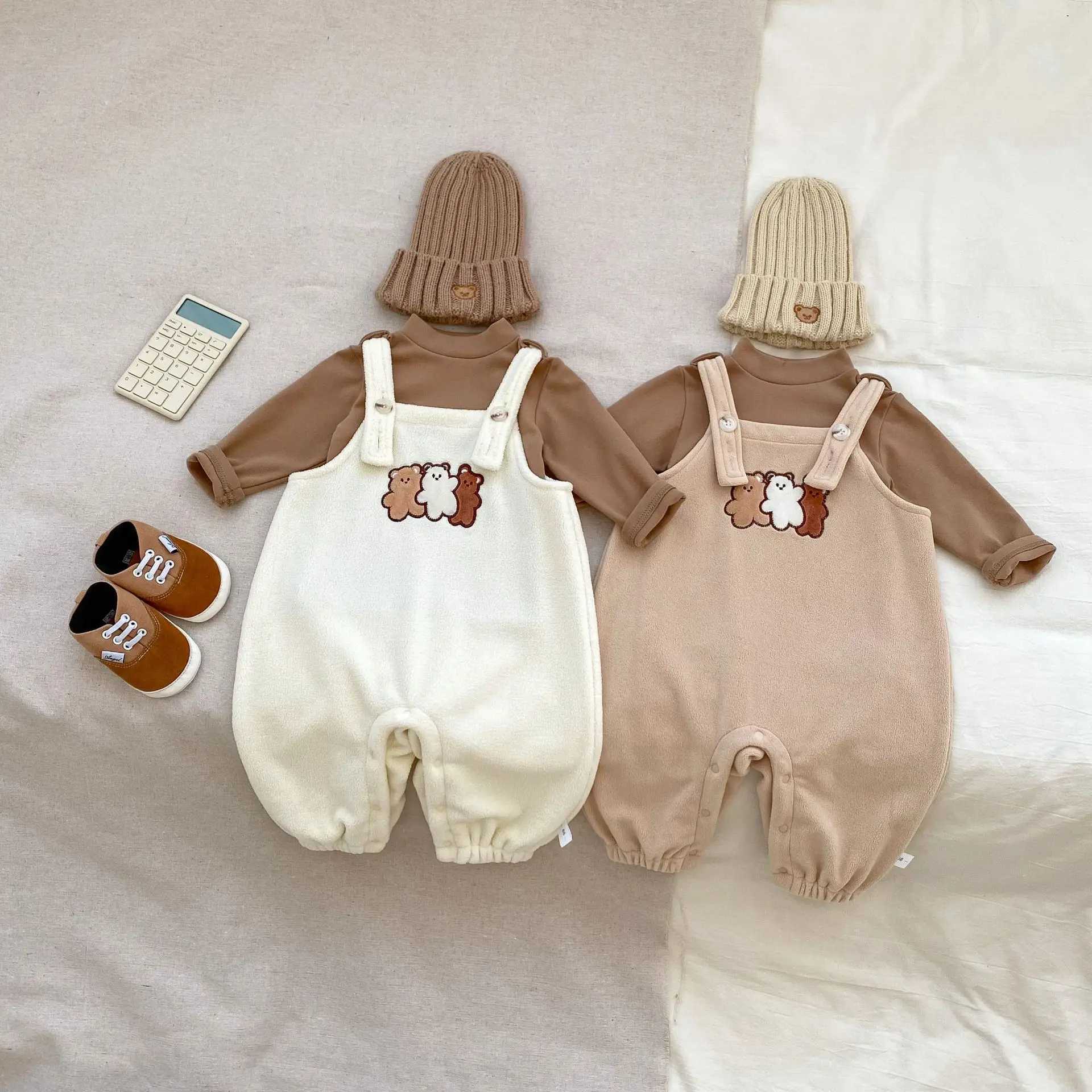 Clothing Sets 2024 Autumn Winter Baby Boys 2PCS Clothes Set Cotton Solid Tops Fleece Cartoon Suspender Pants Suit Toddler Boys Outfits H241126