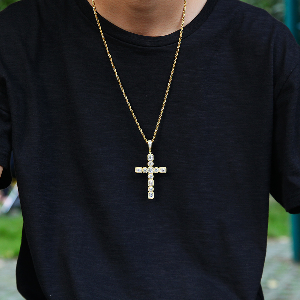Hip Hop High Quality Big Cross Pendant Necklace 5A Round Big Zircon Rap DJ Mens Religious Jewelry