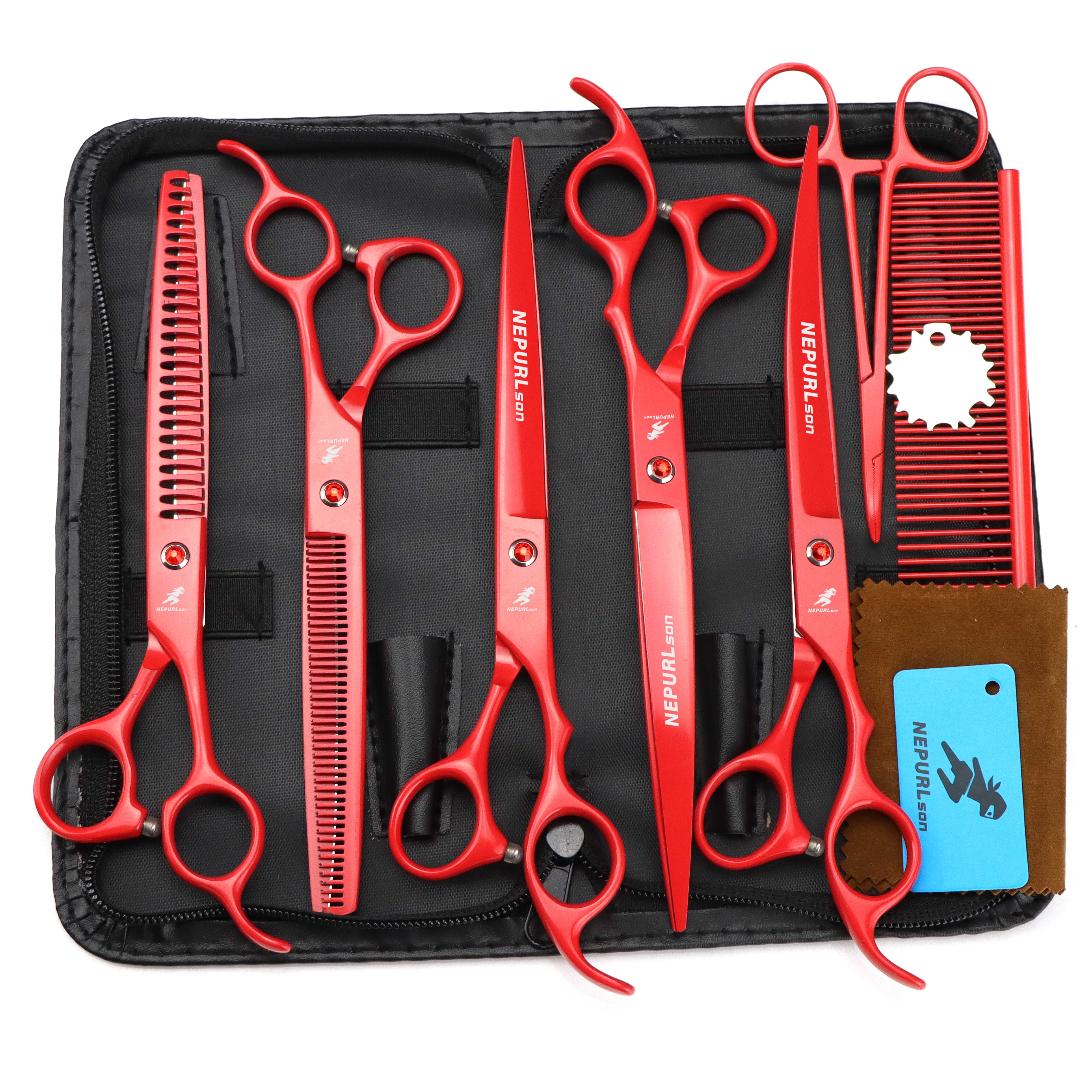 8.0 inch red Animal Shaped Scissors Pet Grooming Scissors Pet Fishbone Teeth 5 scissors set