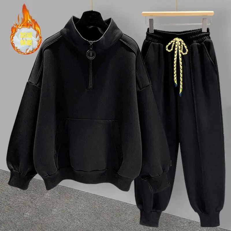 Hip Hop Half Neck Sweatshirt Set Autumn Winter Trend Versatile Zipper Plush Thick Coat Slow Running Pants Mens Street Clothing 241126