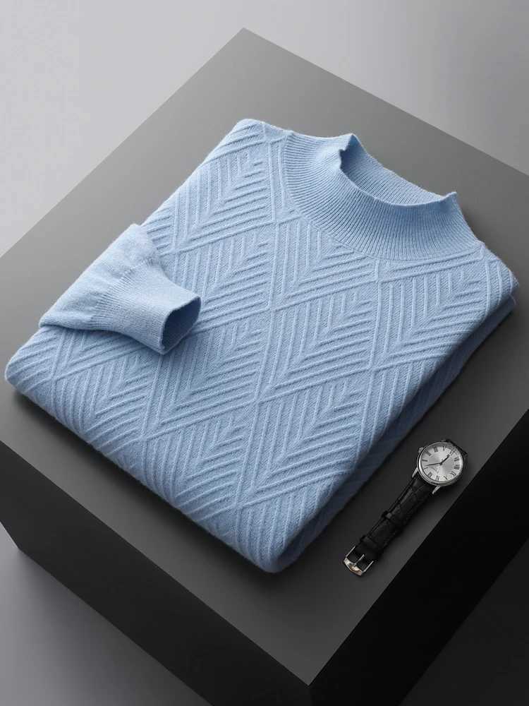 Mens 100% pure wool knitted sweater with loose collar and floral long sleeved casual top warm bottom shirt for Spring Festival autumn and winter X2411