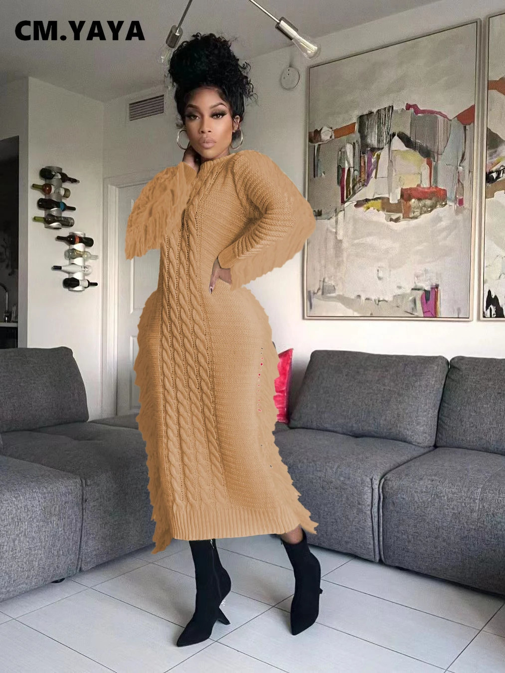 CMYAYA Women Long Sleeve Tassel Bodycon Midi Knit Straight Maxi Dress Autumn Winter Oneck Sweater Vestidos Dresses 241112