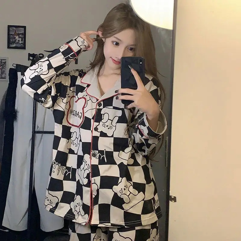 Womens clothing long sleeved long pants pajamas autumn and winter high-end Qianniao grid comfortable womens two-piece set 241126