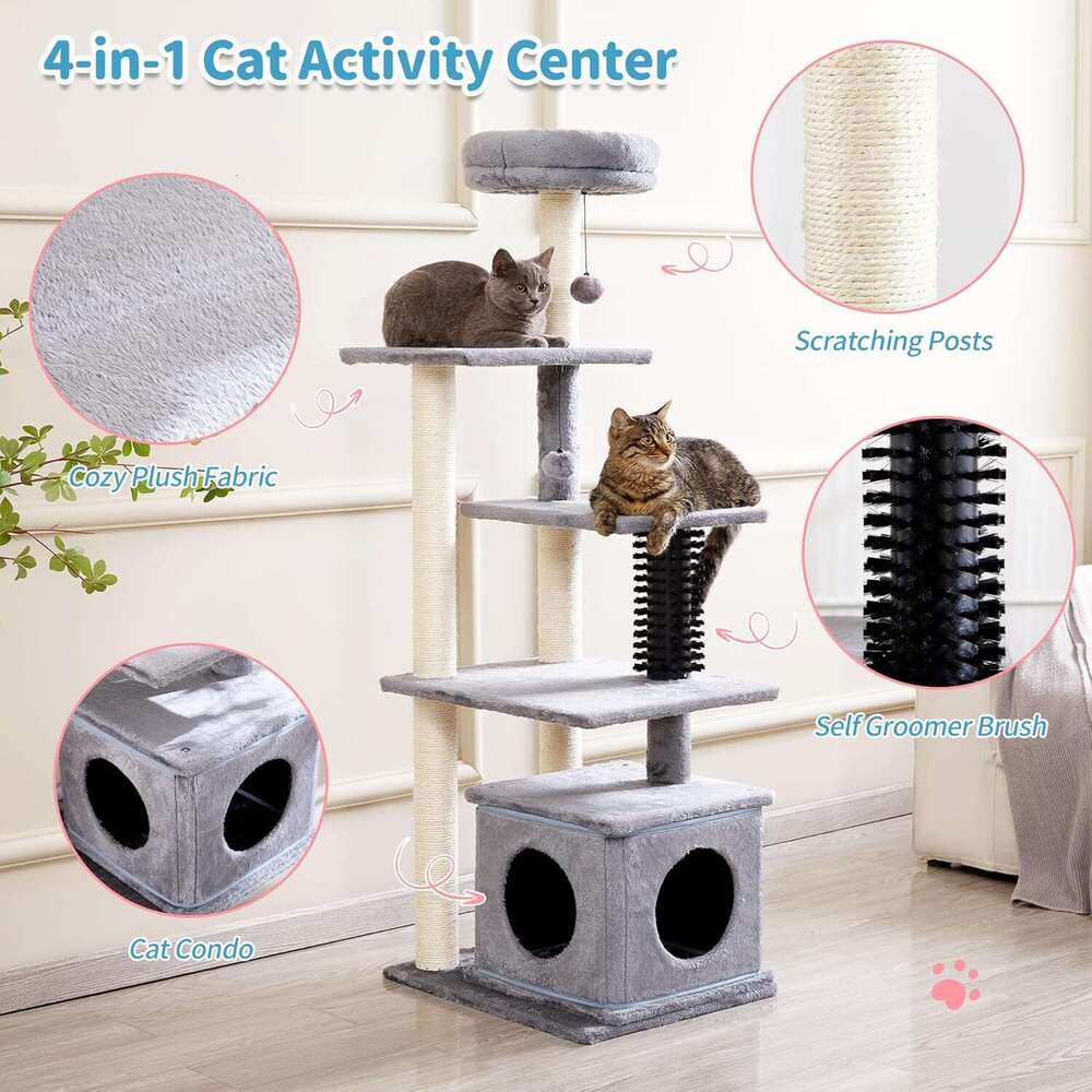 Made4Pets Cat Tree, 52.4" Tall Indoor , Multi-Level Large Cat Condo with Scratching Posts and Pompoms, Plush Kitten Climbing Tower with Cat Groom