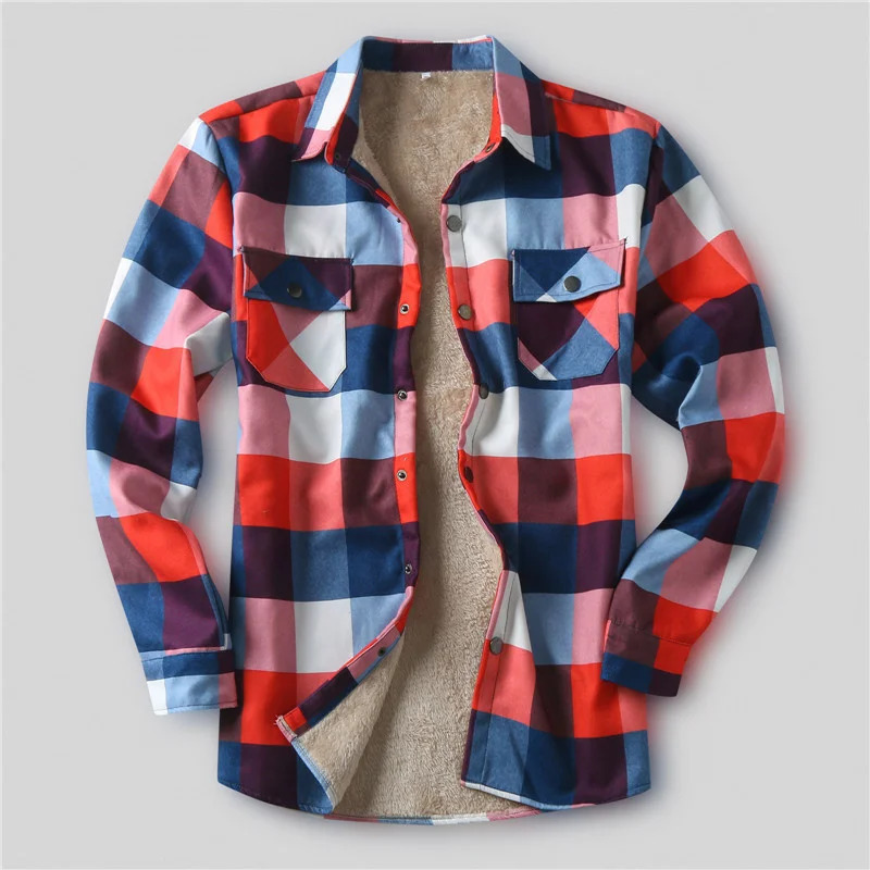 Winter mens plain flannel shirt thick wool jacket bedding lining long sleeves red checkered shirt mens Camisas De Hombre 241126