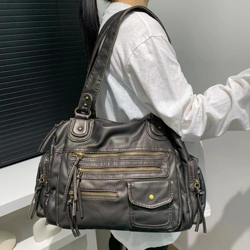 Annmouler Large Capacity Handbag PU Leather Shoulder Bag Y2K Soft Motorcycle Retro Tote for Women 241125