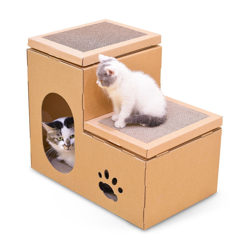 Deku Cat Scratcher Mat 2 Layers Foldable Cat House Cardboard Scratch Lounge with Scratching Pads