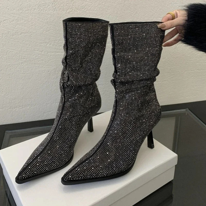 Rhinestone High Heel Ankle Boots Women Autumn Winter Pointed Toe er Modern Boots Glitter Sexy Short Boots Ladies 241126
