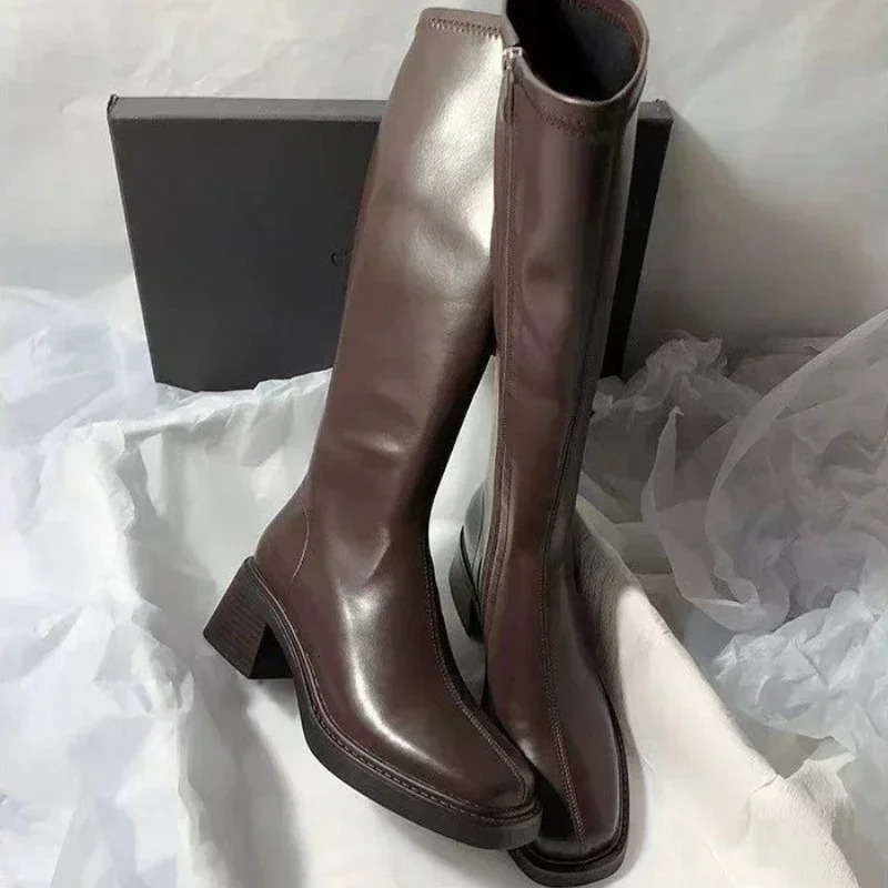 Female Shoes on Sale High Quality Side Zip Womens Boots Autumn Winter Square Toe Solid High Tube Block Heels Fashion Boots 241114