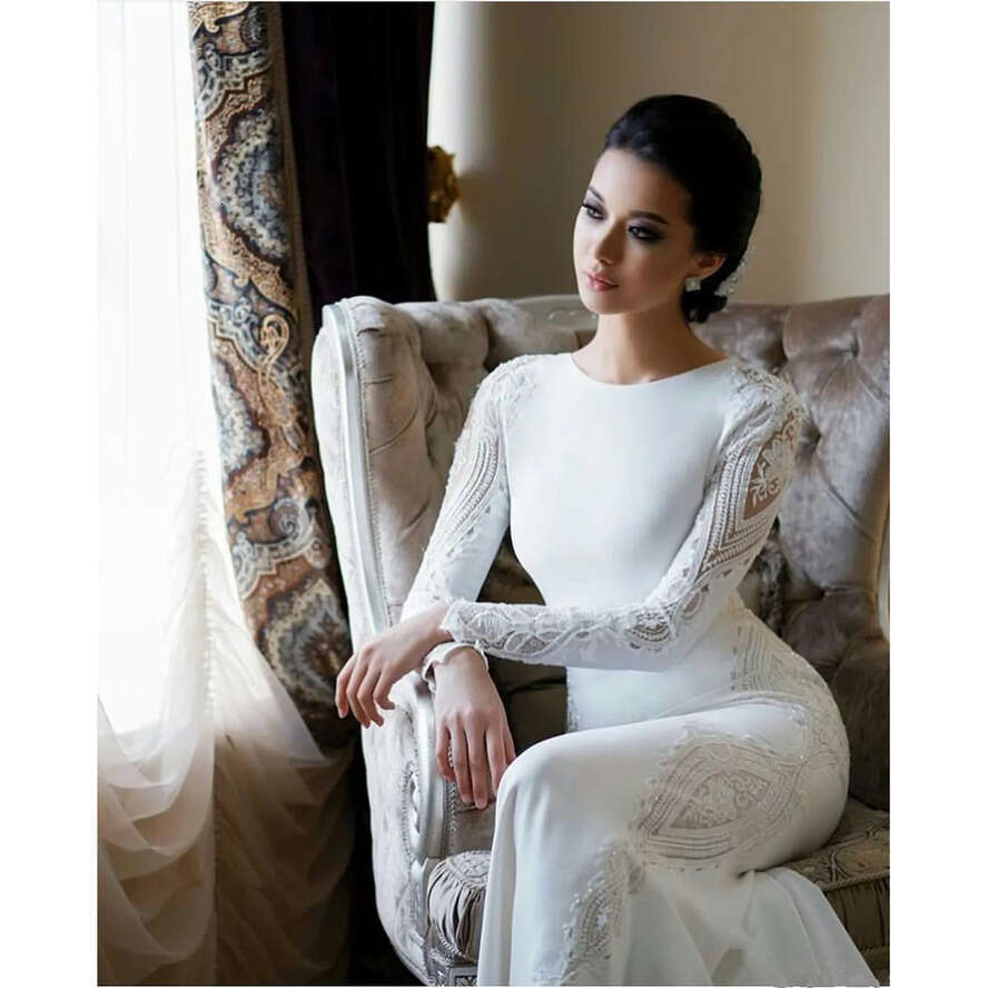 Modest Satin Mermaid Dresses Long Sleeves Lace Applique Beaded Sweep Train Boho Wedding Dress Bridal Gowns Plus Size