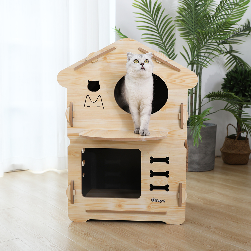 OEM Custom Hoopet Wooden Pet Furniture Assemble Cat Tree Cave Lounge House