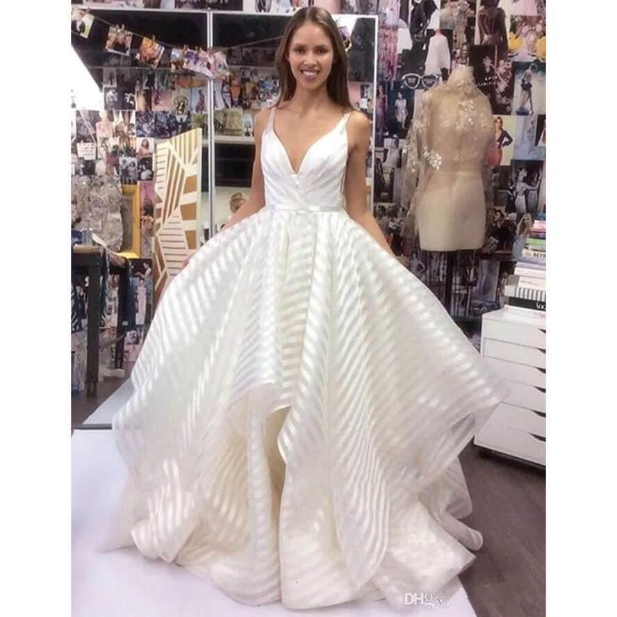 Deep V Neck Spaghetti Straps A E Wedding Dress Stripes Lace Tulle Tiers Ruffles Or Length Bridal Gown Robe De Mariee Bc0856