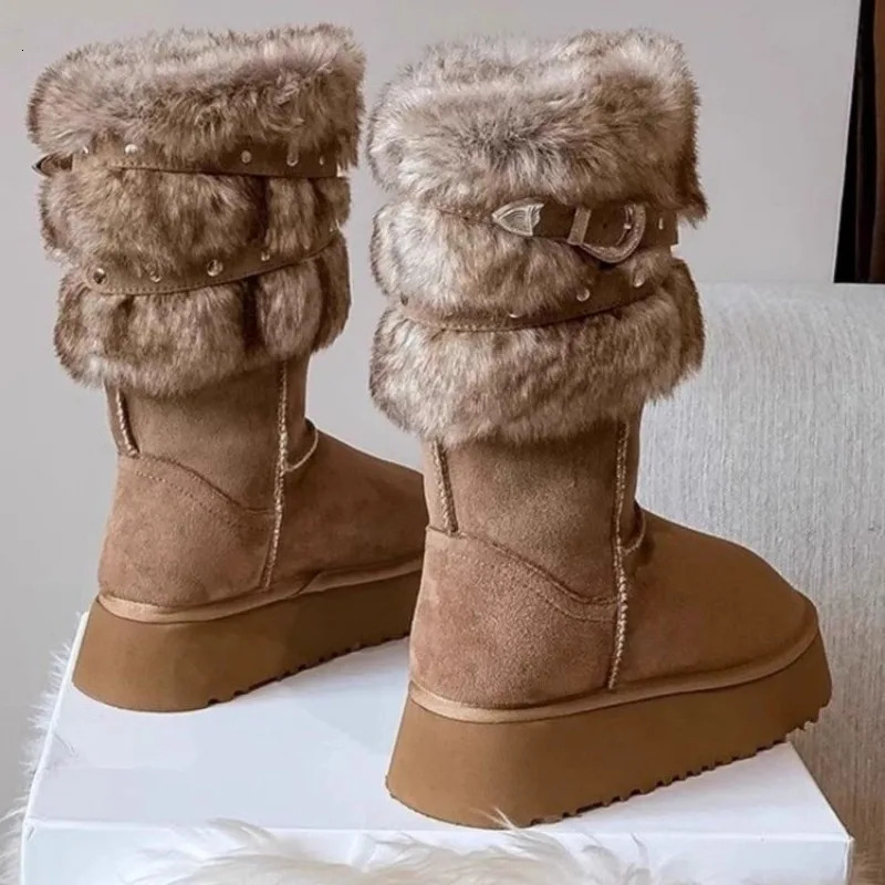Womens Shoes Mid-Calf Womens Boots Fashion Belt Buckle Daily Boots Women Winter Round Toe Keep Warm Snow Boots 241114