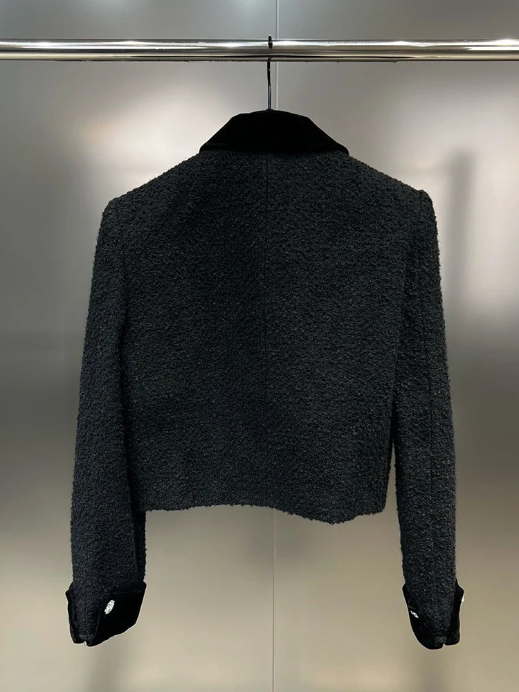 High Streets latest autumn and winter fashion er womens velvet lapel long sleeved diamond stud bow tweed jacket 241125