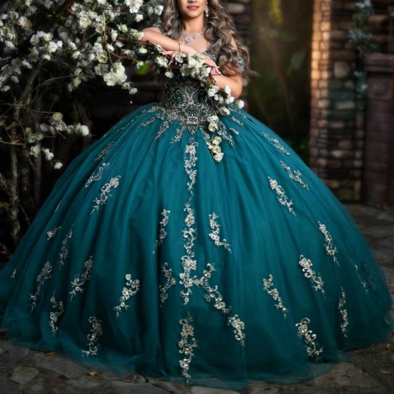 Green Blackish Quinceanera Dresses Ball Gown Off Shoulder Applique Lace Beading Birthday Party Quinceanera De Anos Customized Sweet Dress