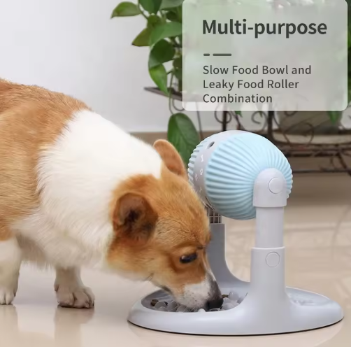 Custom wholesale Adjustable Height IQ Puzzle Training Dog Slow Feeder Cat Rotating Leakage Roller Toy Pet Food Dispenser Bowl