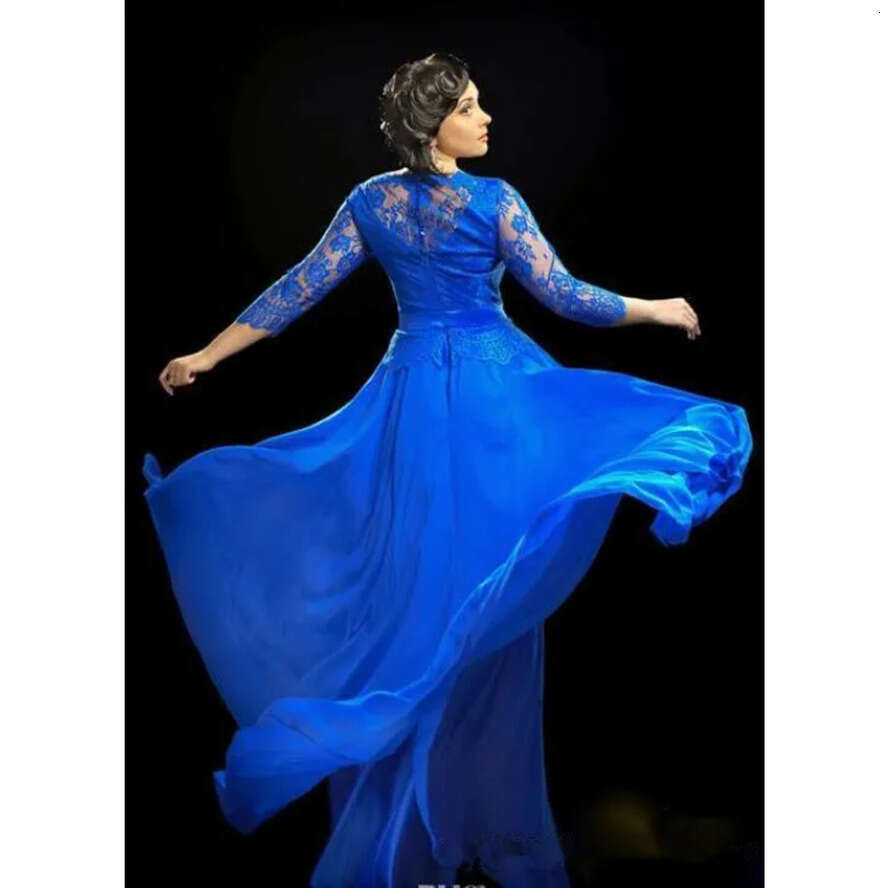 Royal Blue Sheer Evening With 3 4 Sleeve Formal Party Long Prom Gowns Dress Plus Size Special Ocn Dresses