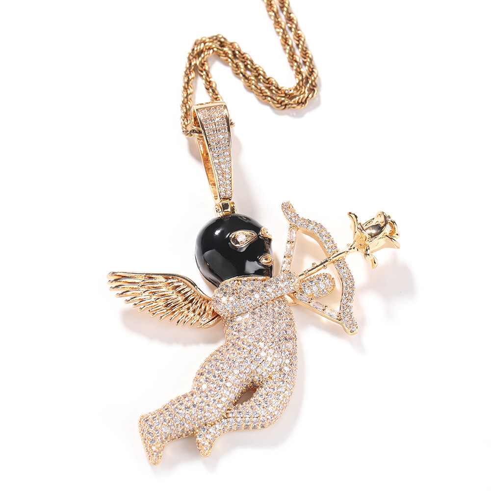 Hip Hop Rose Cupid's Arrow Pendant Necklace 5A Zircon Choker Couple Jewelry Valentine's Day Gift