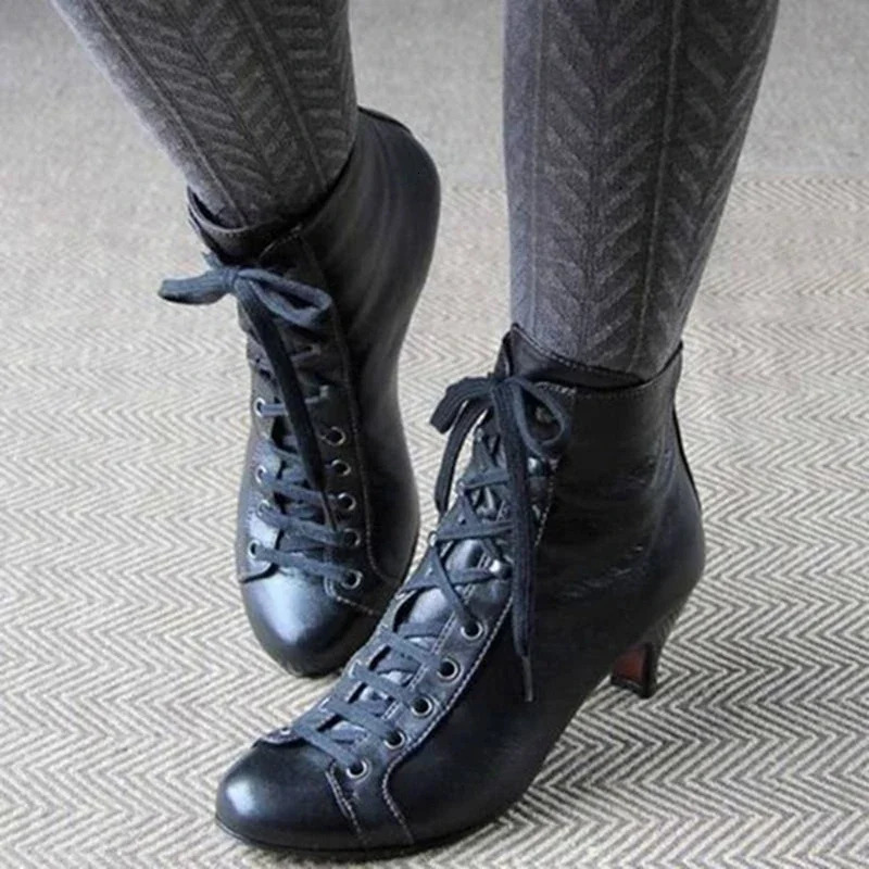 Fashion Women Low Kitten Heel Ankle Boots Victorian Round Toe PU Leather Shoes Steampunk Lace Up Retro Jeans Boots 241126