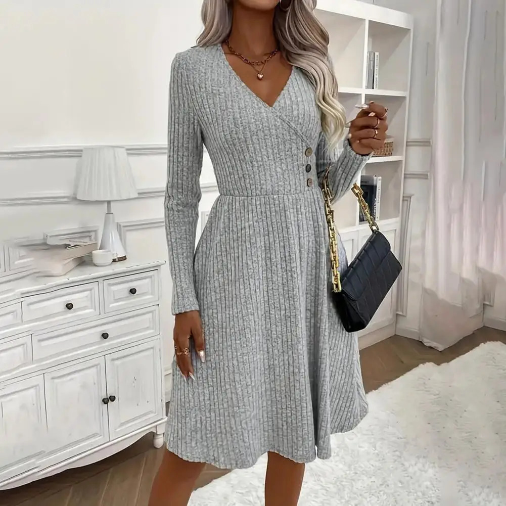 Autumn Winter Sweater Dress V Neck Aline Knitted Long Sleeves Big Hem Midi 241112