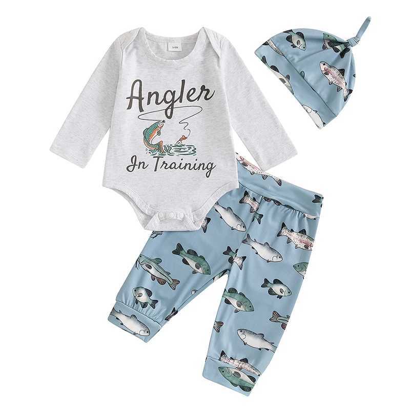 Clothing Sets Infant Boys 3-Piece Autumn Ensemble with Long-Sleeve Bodysuit Fish Patterned Trousers and Matching Beanie - Newborn Apparel H241126