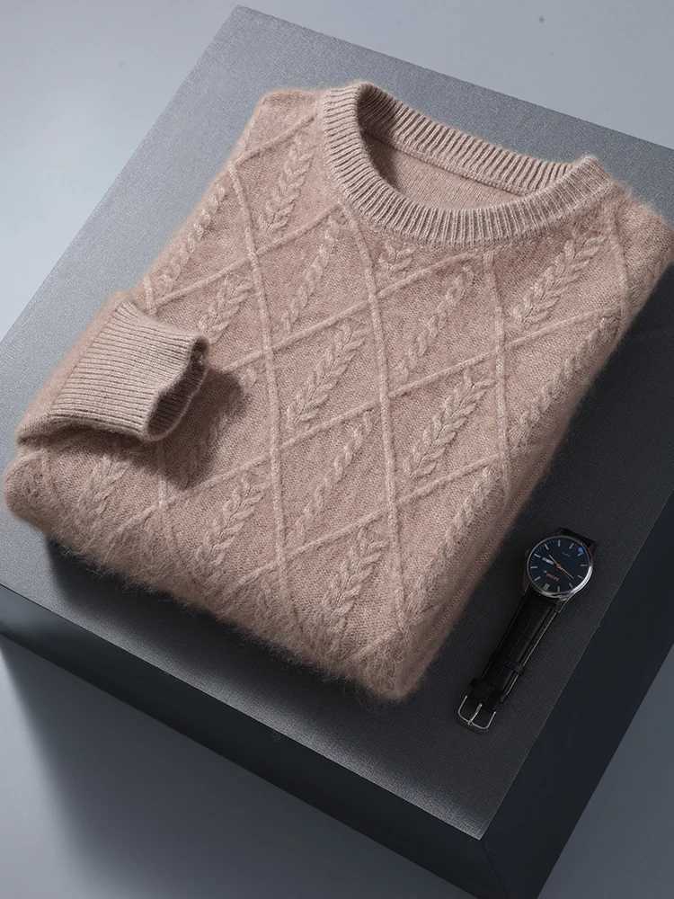 100% mink cashmere autumn mens O-neck sweater cable knitting thick drawing high-quality intelligent cashmere knitting X241126