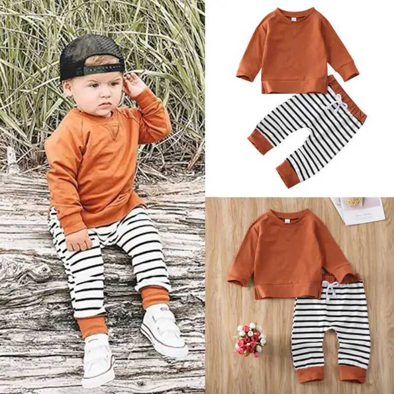 Clothing Sets 2 Pieces BoysClothing Set Solid Color Round Neck Sweatshirt Tops Long Striped Elastic Band Pants Boys Clothes 0-24M H241126