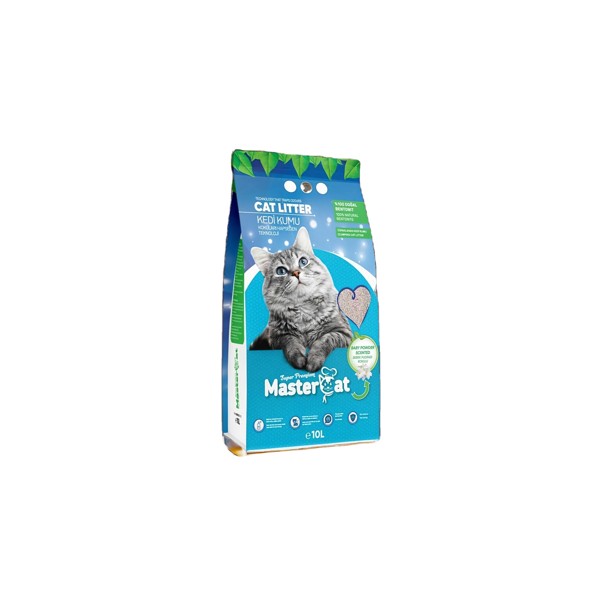 MasterCat Premium Grade Sustainable Grey Sand Cat Litter Fast-Clumping Bentonite Baby Powder Scent Zeolite PP Ball Pattern