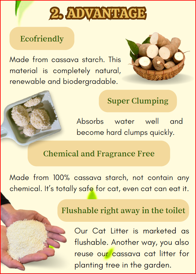 100% Safe Eco-Friendly Cat Litter from Cassava/Tapioca No Chemicals Brown Small Granular for Animals