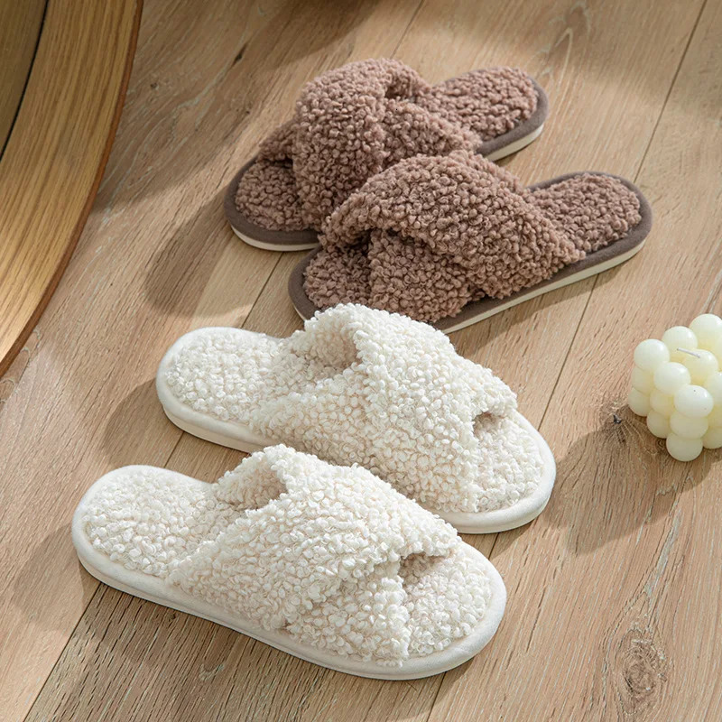 Fashionable cross band fuzzy slider for womens indoor slider warm plush for womens slider comfortable for winter soft bottom cotton slider 241126