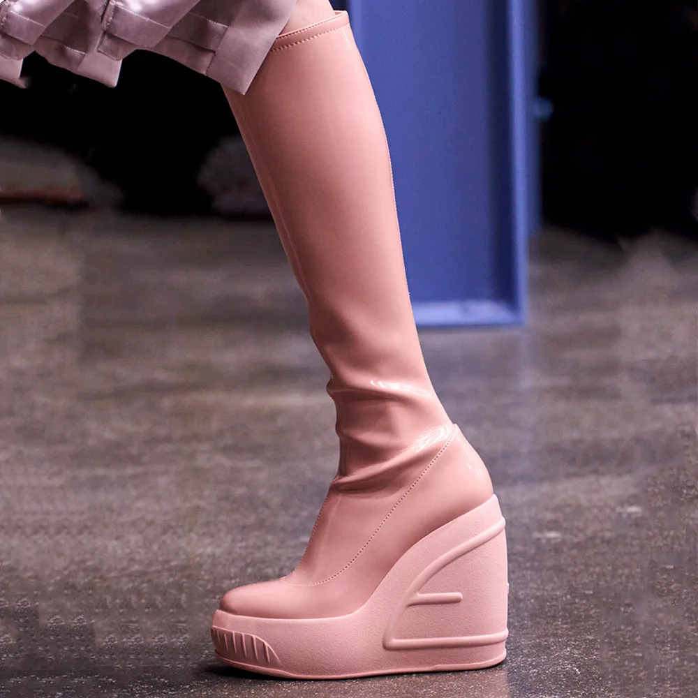 2024 Spring New Slope Thick Bottom Round Toe High Heel Fashion Sexy Cross-Border Women's Plus Size Knee-High Boots