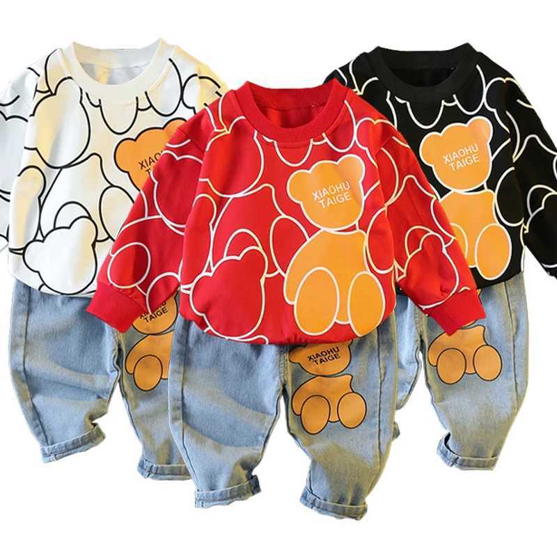 Clothing Sets Spring Autumn Baby Boys Clothes Sets Children Fashion Cartoon Bear Long Sleeve Tops Jeans Pants 2Pcs Outfits Kids Sport Suit H241126