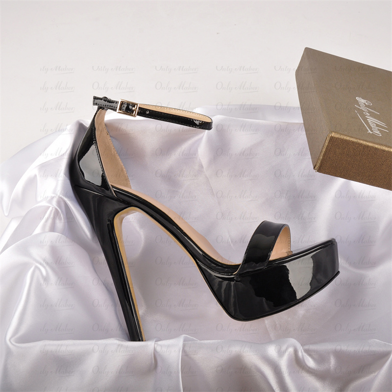 Onlymaker Women Peep Toe Platform Stiletto Single Band Patent Leather Ankle Buckle Strap Party Dress Summer Sandals