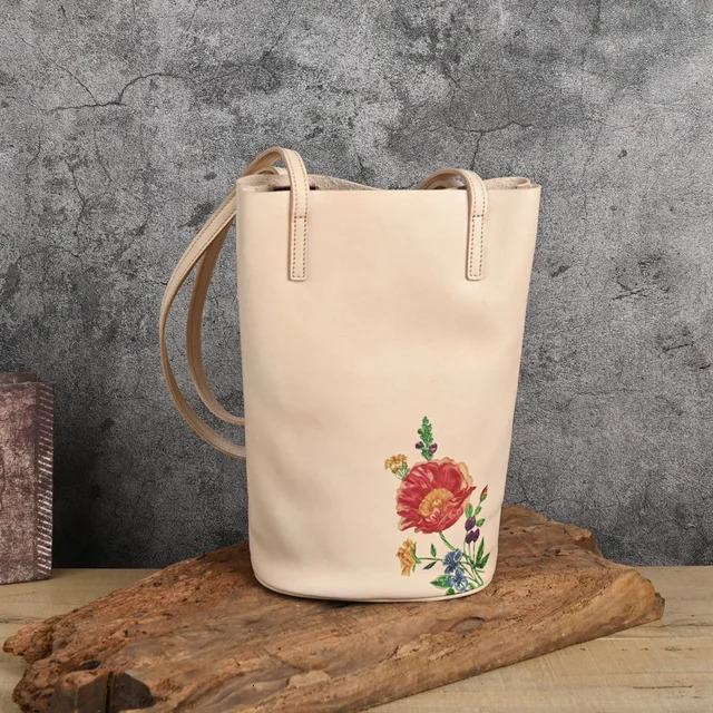 Retro Hand-Printed Women's Bag For Women Genuine Leather Bucket Handbags Long Handle Lady Designer Shoulder Bags Open BagVoyage
