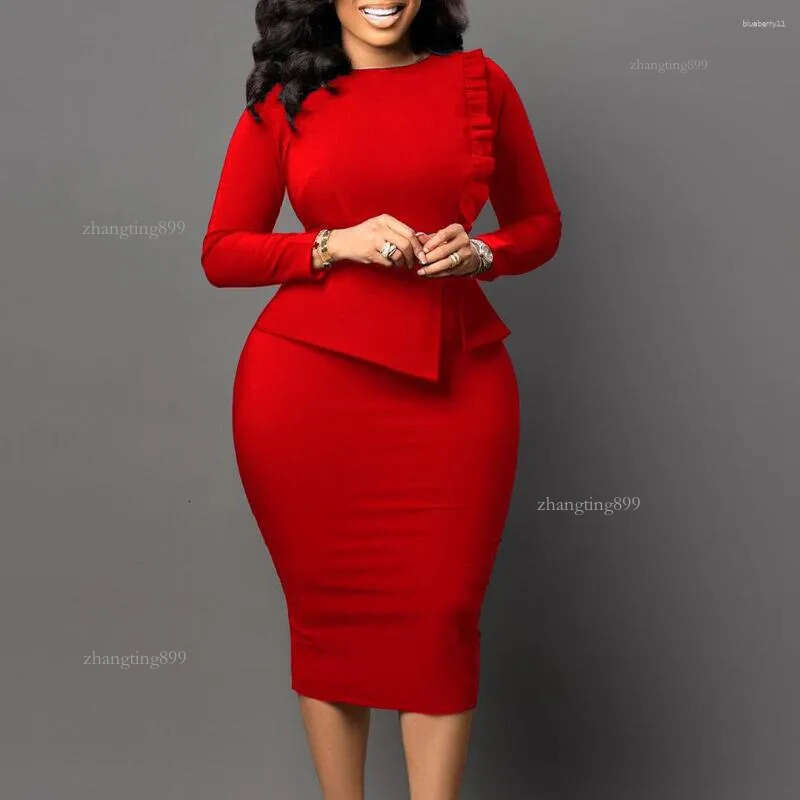 Casual Dresses Business Work Dress Women Solid O Neck Long Sleeve Ruffle Hem High Waist Bodycon Club Party Womem