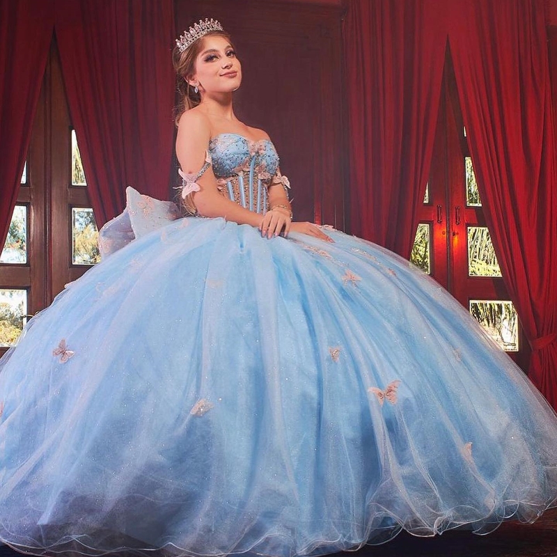 Sky Blue Off The Shoulder Ball Gown Quinceanera Dresses Bow Beads Tull Vestidos De 15 Anos Corset Dress For 16th Birthday