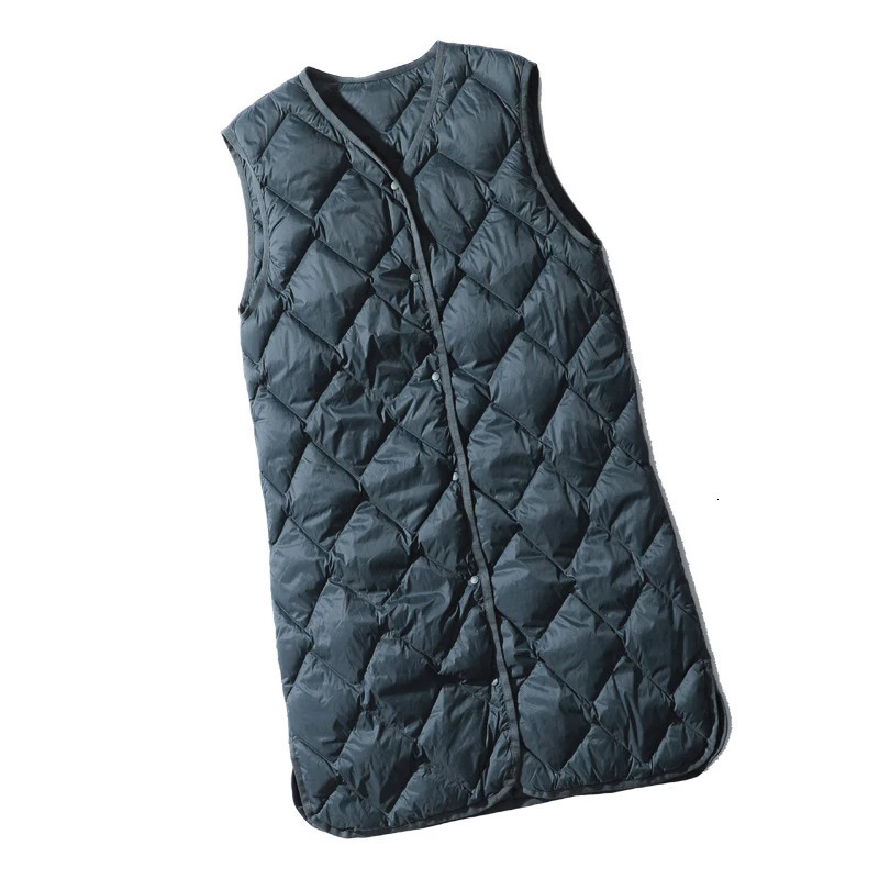 Schinteon womens ultra light white duck down long vest sleeveless jacket V-neck Argyle autumn winter fashion top item 241125