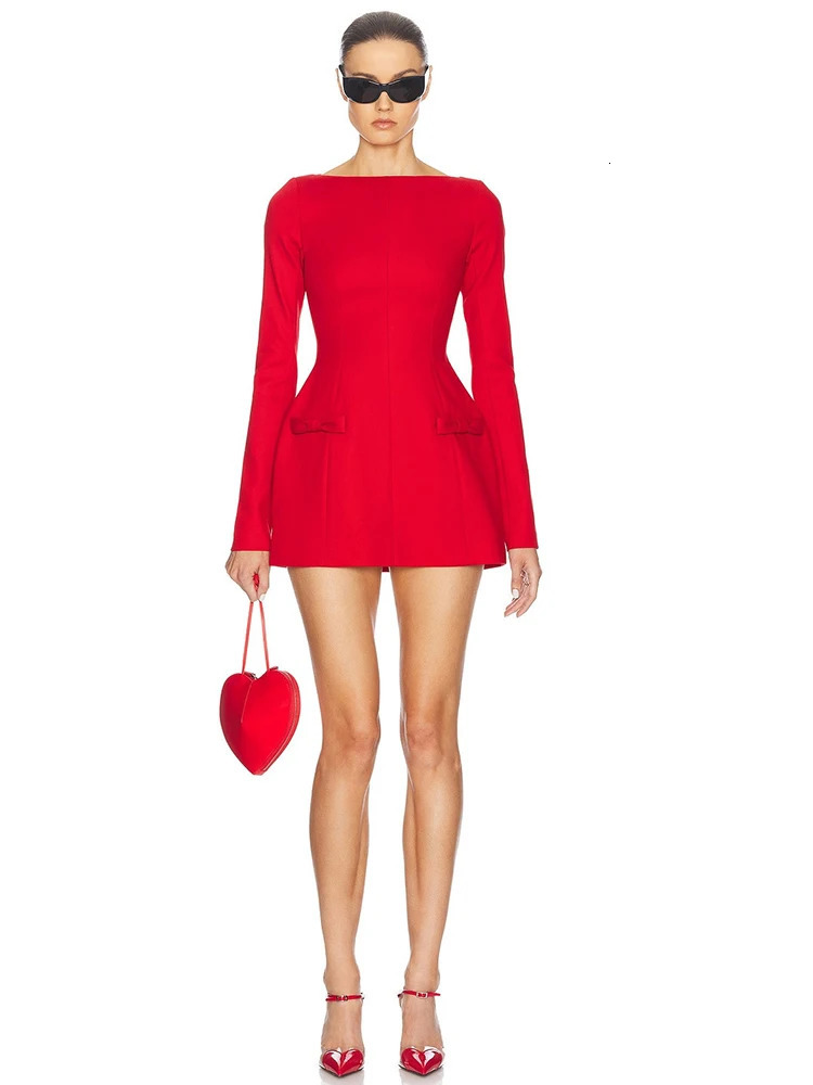 Mozision Double Bow Long Sleeve Sexy Mini Dress For Women Autumn Winter Solid High Waist Bodycon Club Party Elegant 241112