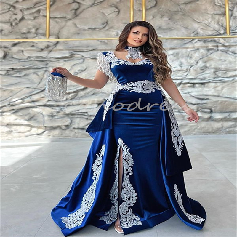 Vintage Blue Moroccan Evening Dress With Detachable Train Appliques Mermaid Velvet Prom Dress Arabic Israel Party Customized Caftan Dubai Birthday ves