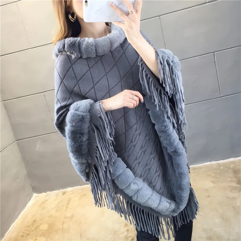 Autumn Winter Rabbit Fur Womens Coat Wool Collar Pullover Shawl Warmth Poncho Capes Gray Cloaks 241112