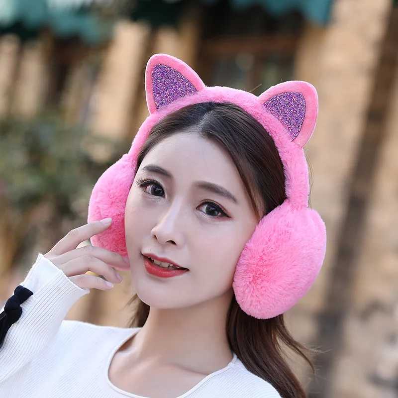 ly Women Girl Fur Winter Ear Warmer Cute Earmuffs Cat Ear Muffs Glitter Sequin Earfls Soft Plush Headphones Warm HeadbandXJ241126