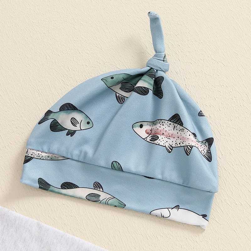 Clothing Sets Infant Boys 3-Piece Autumn Ensemble with Long-Sleeve Bodysuit Fish Patterned Trousers and Matching Beanie - Newborn Apparel H241126
