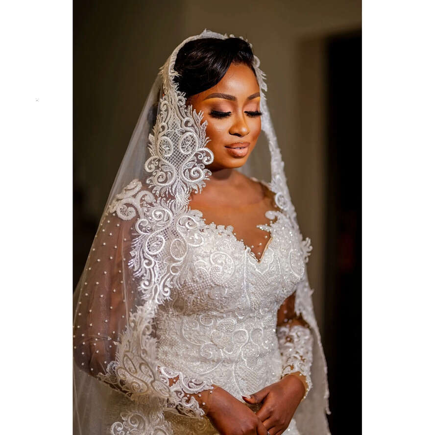 2023 Lace Mermaid Sheer Long Sleeves Pearl Beaded Wedding Dresses African Plus Size Bridal Gowns Bc15031 0215
