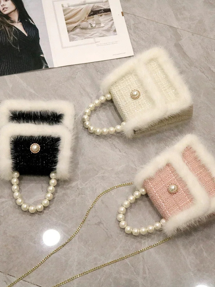 Original mink fluff pearl chain one shoulder portable messenger bag woolen material winter trendy womens 241125