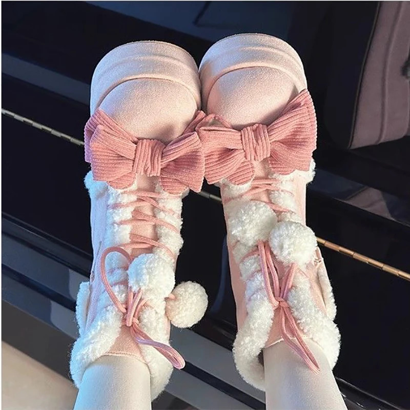 Cute winter girl Lolita mid calf snow boots cute female student plush warm bow lace wedge high heels 241126bj