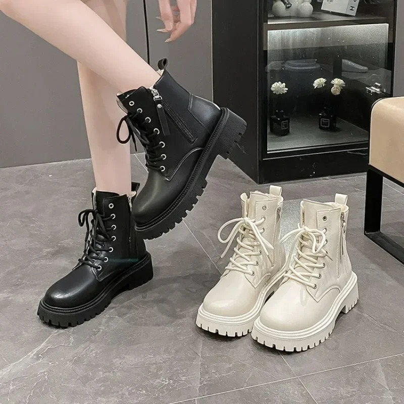 Korean Fashion Casual Knight Autumn Biker Boot Platform Short Thick Bottom Black Ankle Boots Woman 241114